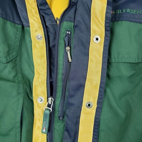 Vtg Tommy Hilfiger Men's Large Fleece Lined Hooded Green Blue Yellow Rain Jacket - Picture 8 of 15